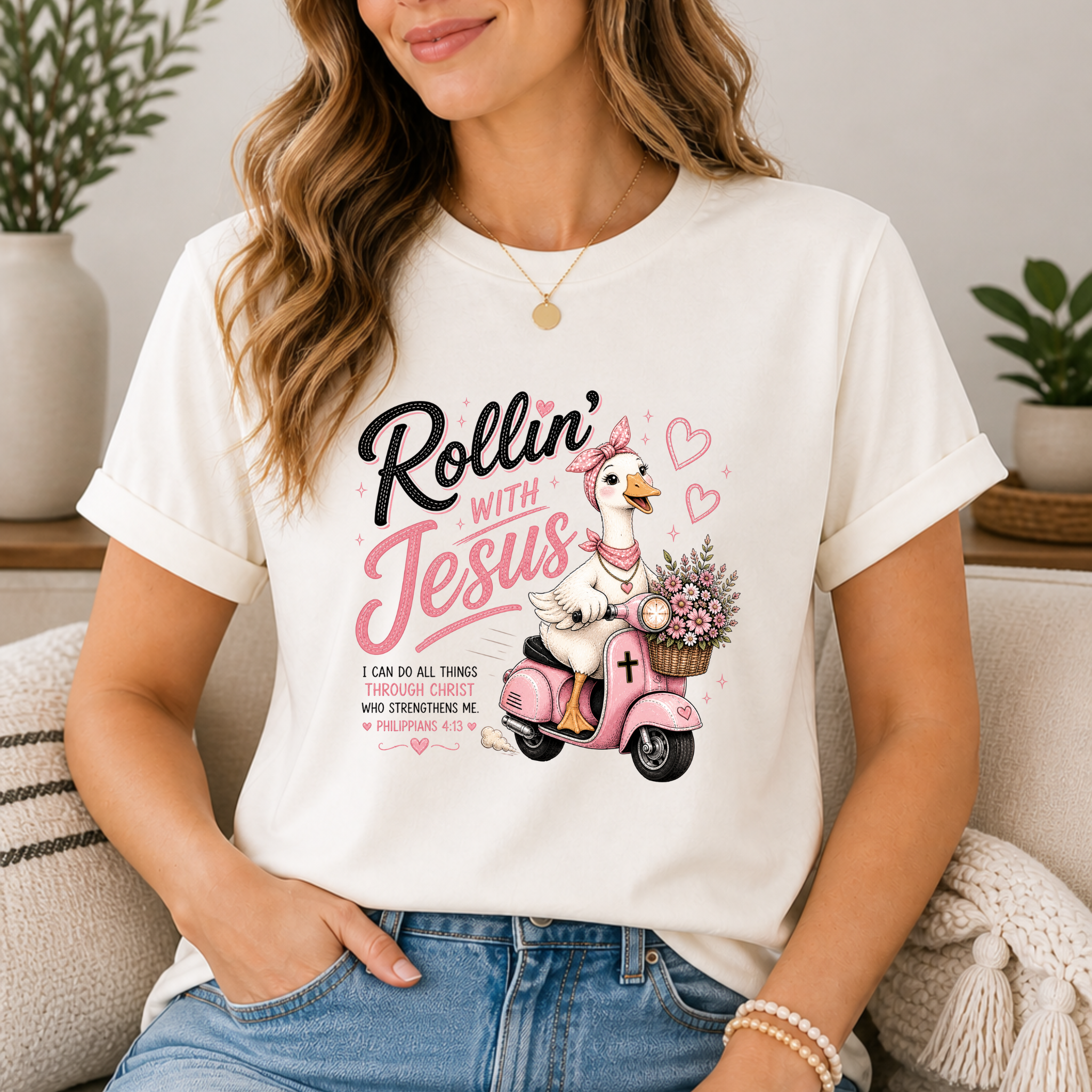 Rollin' with Jesus Goose Shirt for Women | Cute Christian Bible Verse Tee