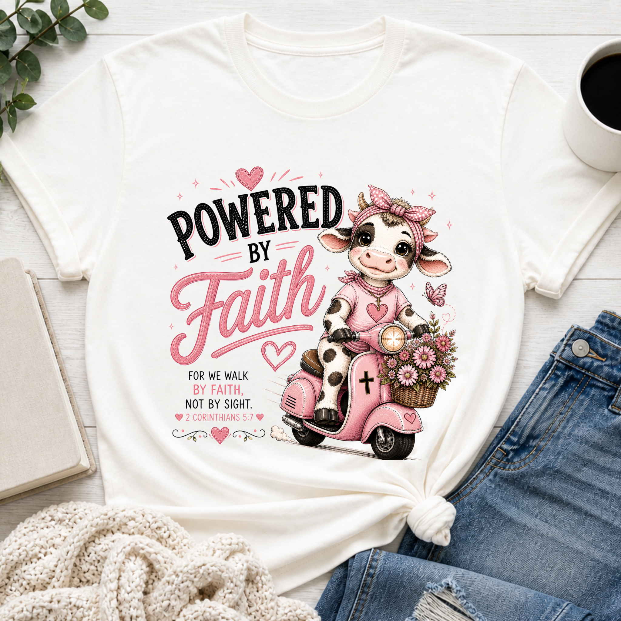 Powered by Faith Cow Shirt | Christian Girl Youth Tee | Cute Bible Verse Shirt