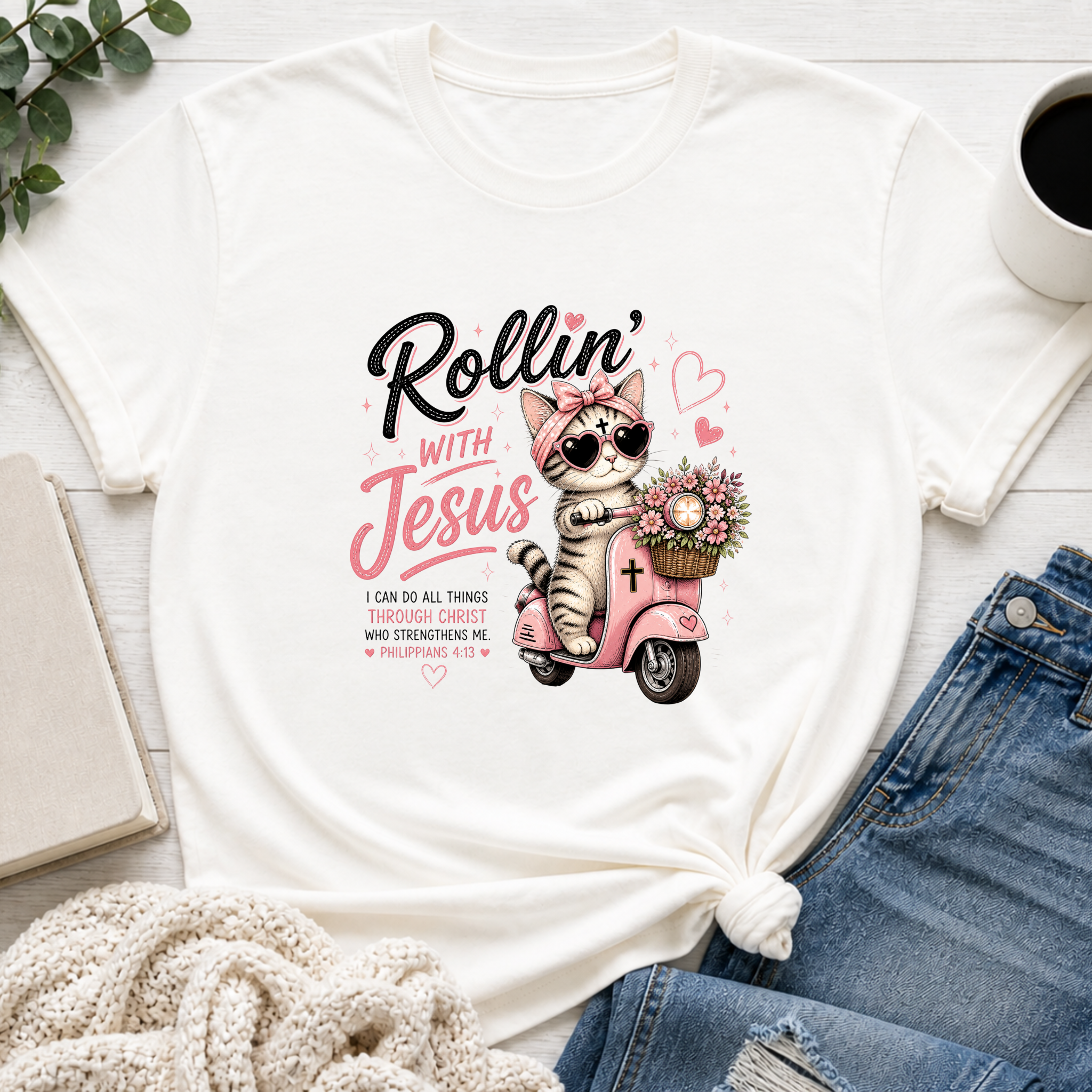 Rollin' with Jesus Cat Shirt | Christian Girl Youth Tee | Cute Bible Verse Shirt