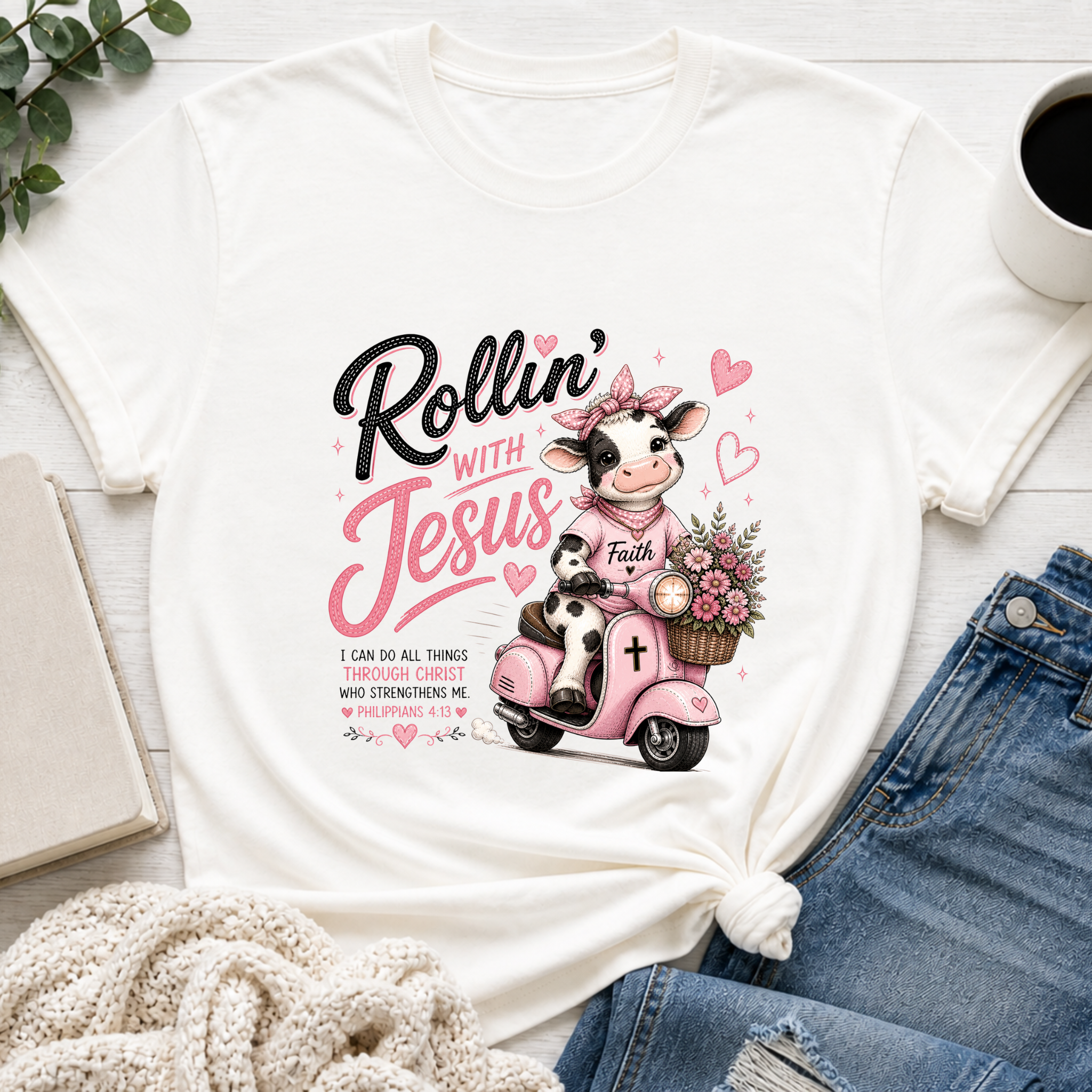 Rollin' with Jesus Cow Shirt | Christian Girl Youth Tee | Cute Bible Verse Shirt