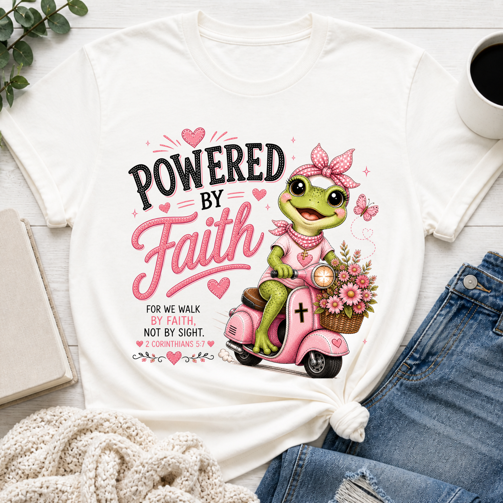 Powered by Faith Frog Shirt | Christian Girl Youth Tee | Cute Bible Verse Shirt