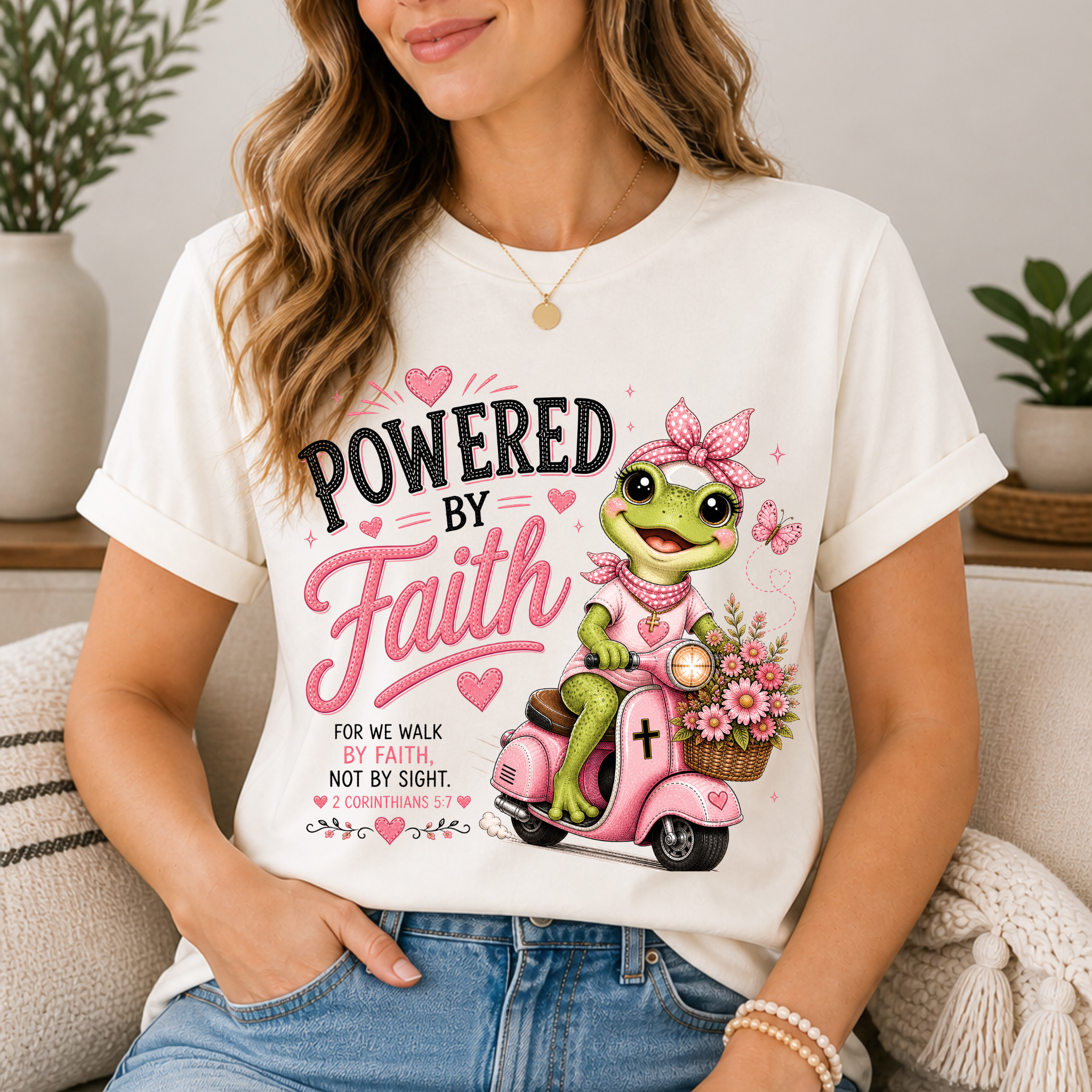 Powered by Faith Frog Shirt for Women | Cute Christian Bible Verse Tee
