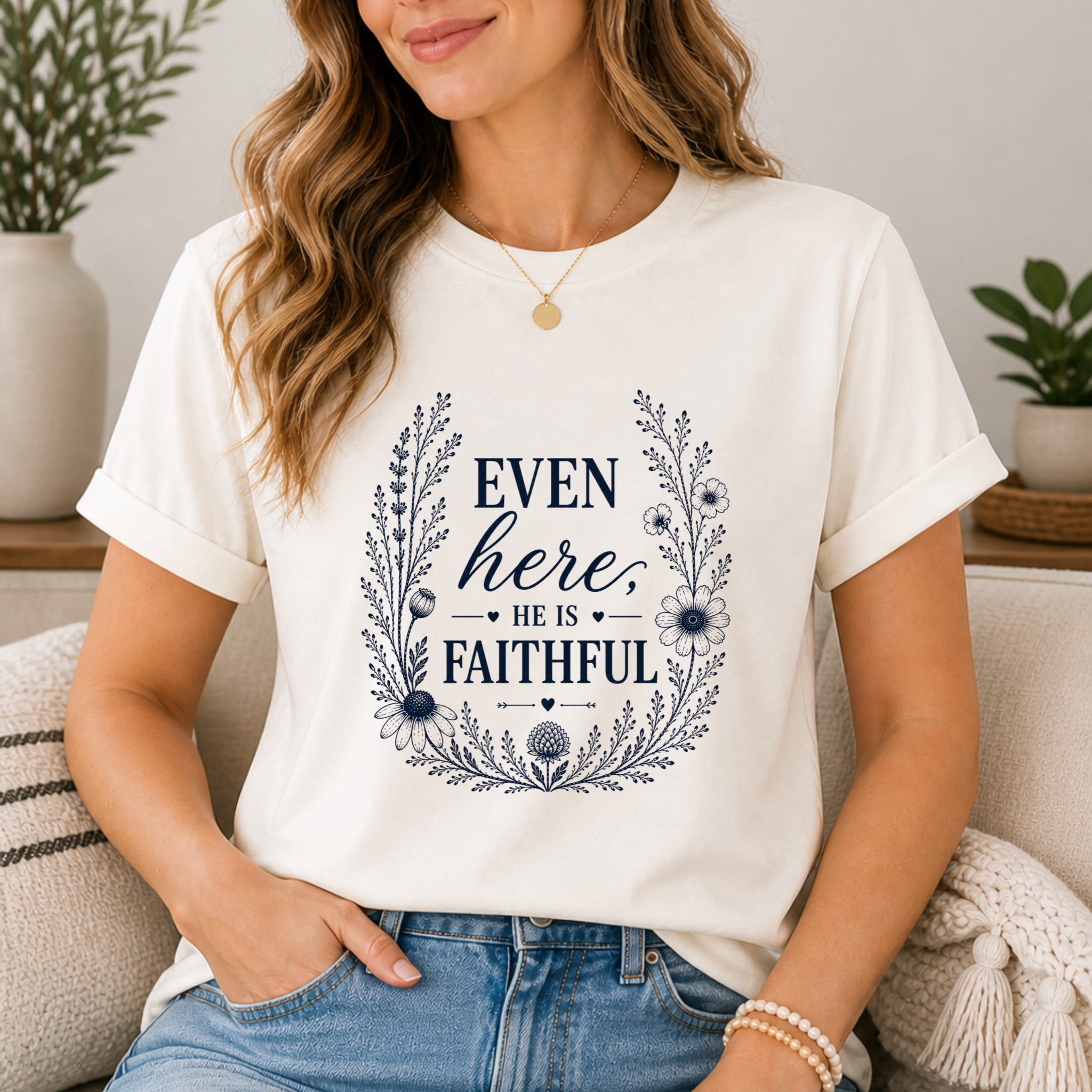 Even here he is Faithful | Inspirational Christian Tee for Women