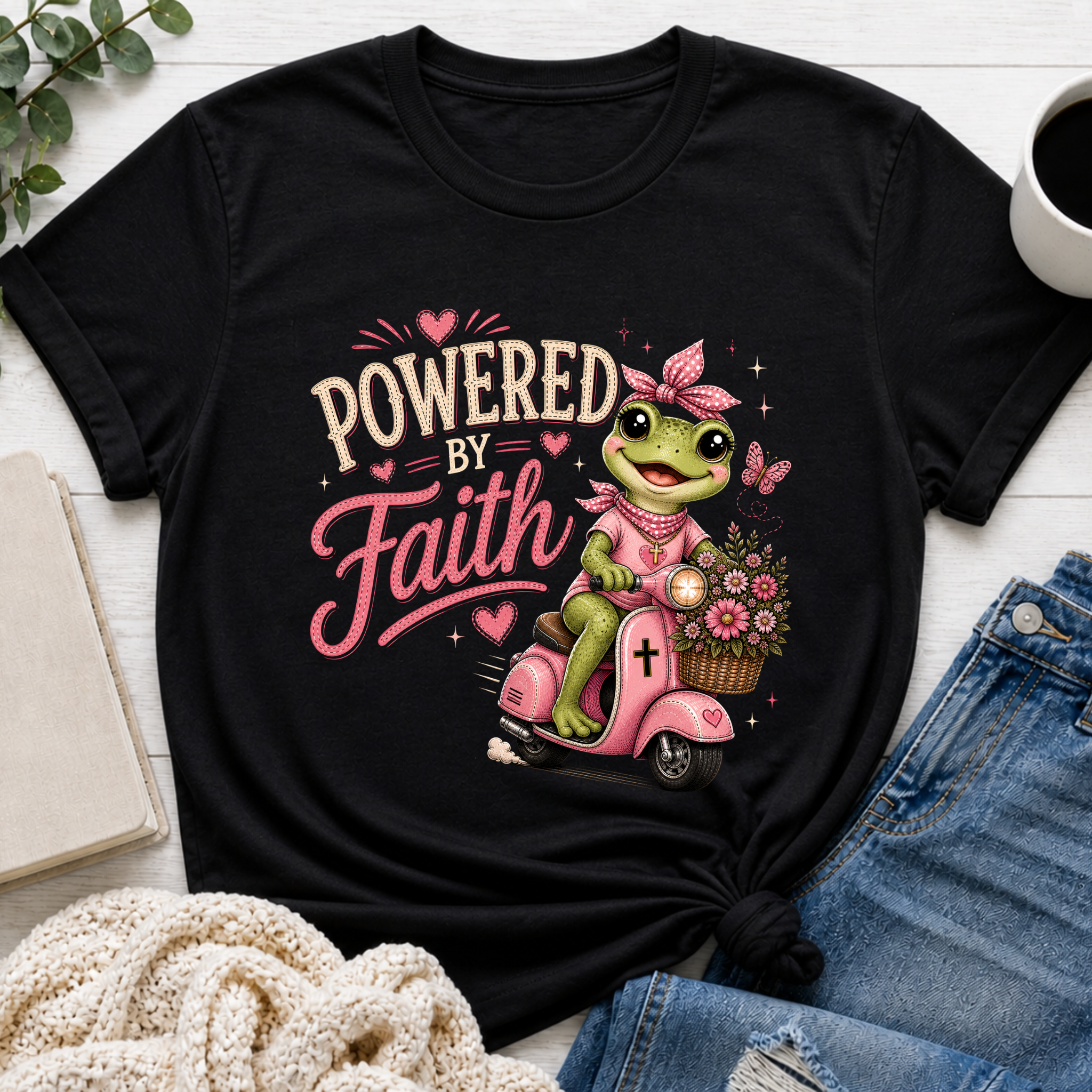 Powered by Faith Frog Shirt for Girls | Christian Youth Tee | Cute Farm Animal Shirt