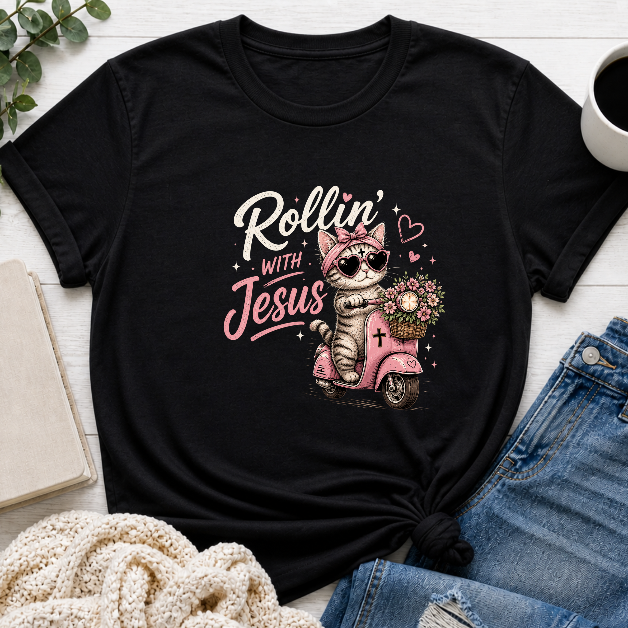 Rollin' with Jesus Cat Shirt for Girls | Christian Youth Tee | Cute Farm Animal Shirt