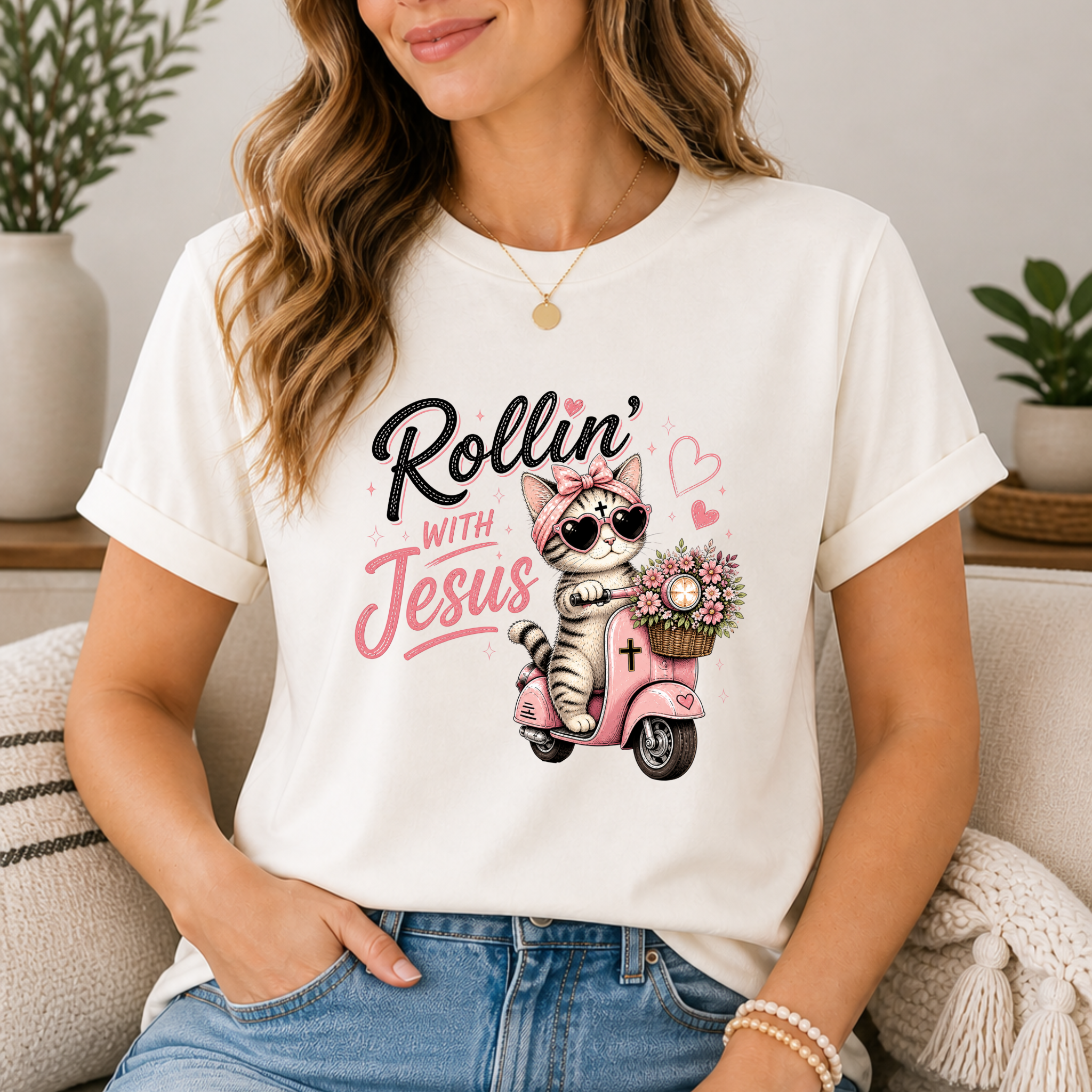 Rollin' with Jesus Cat Shirt for Women | Cute Christian Boutique Tee