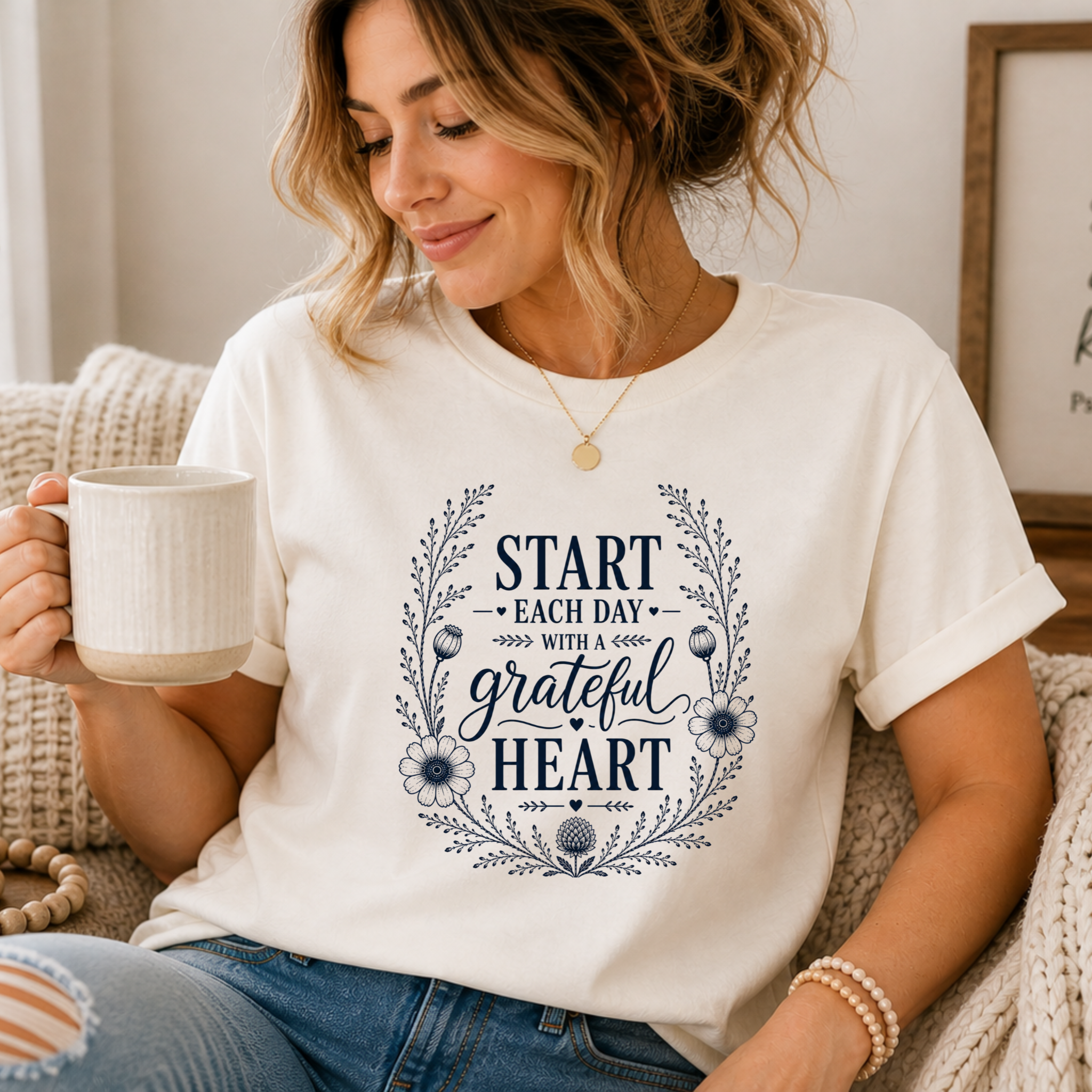 Start each Day with a Grateful Heart | Inspirational Christian Tee for Women