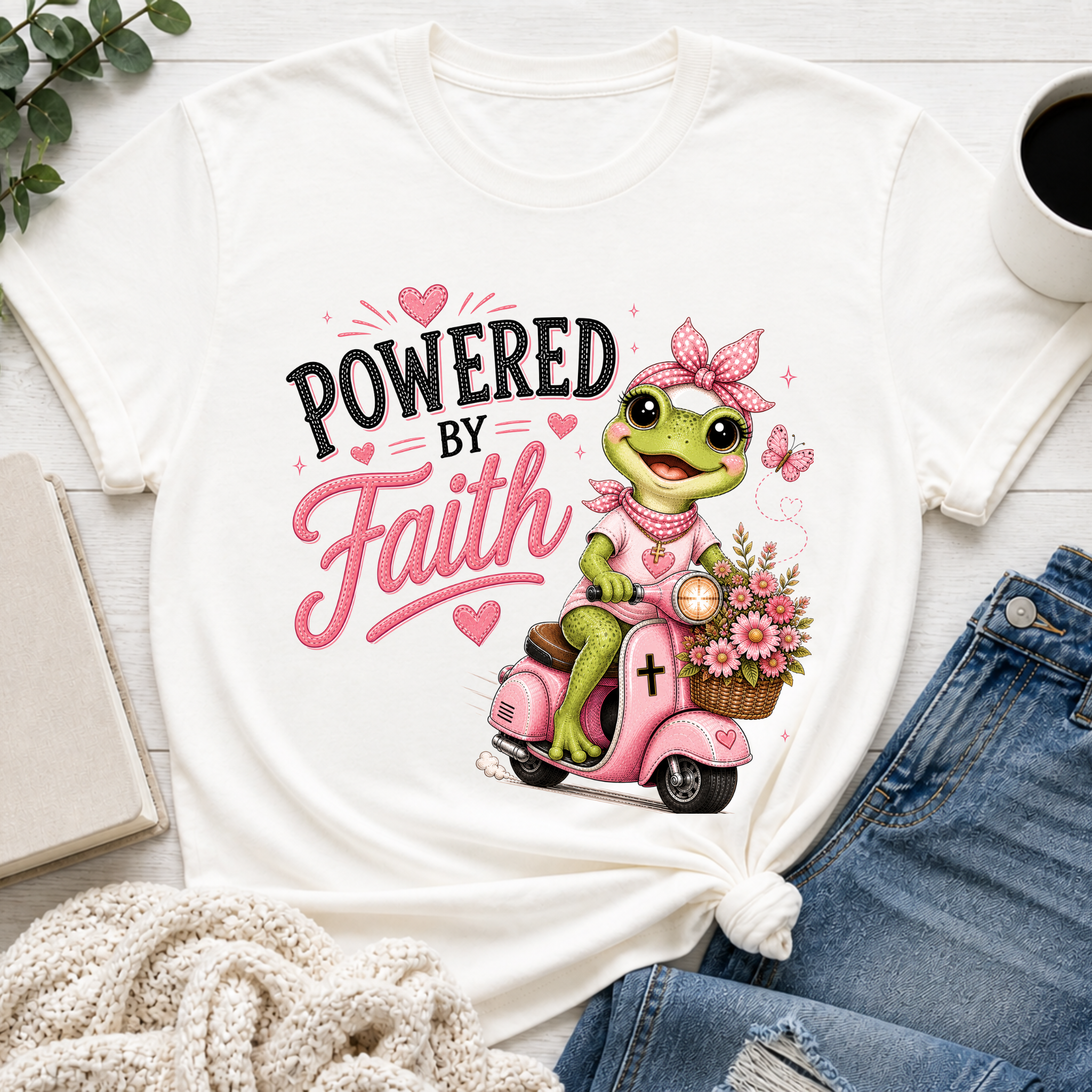 Powered by Faith Frog Shirt for Girls | Christian Youth Tee | Cute Farm Animal Shirt