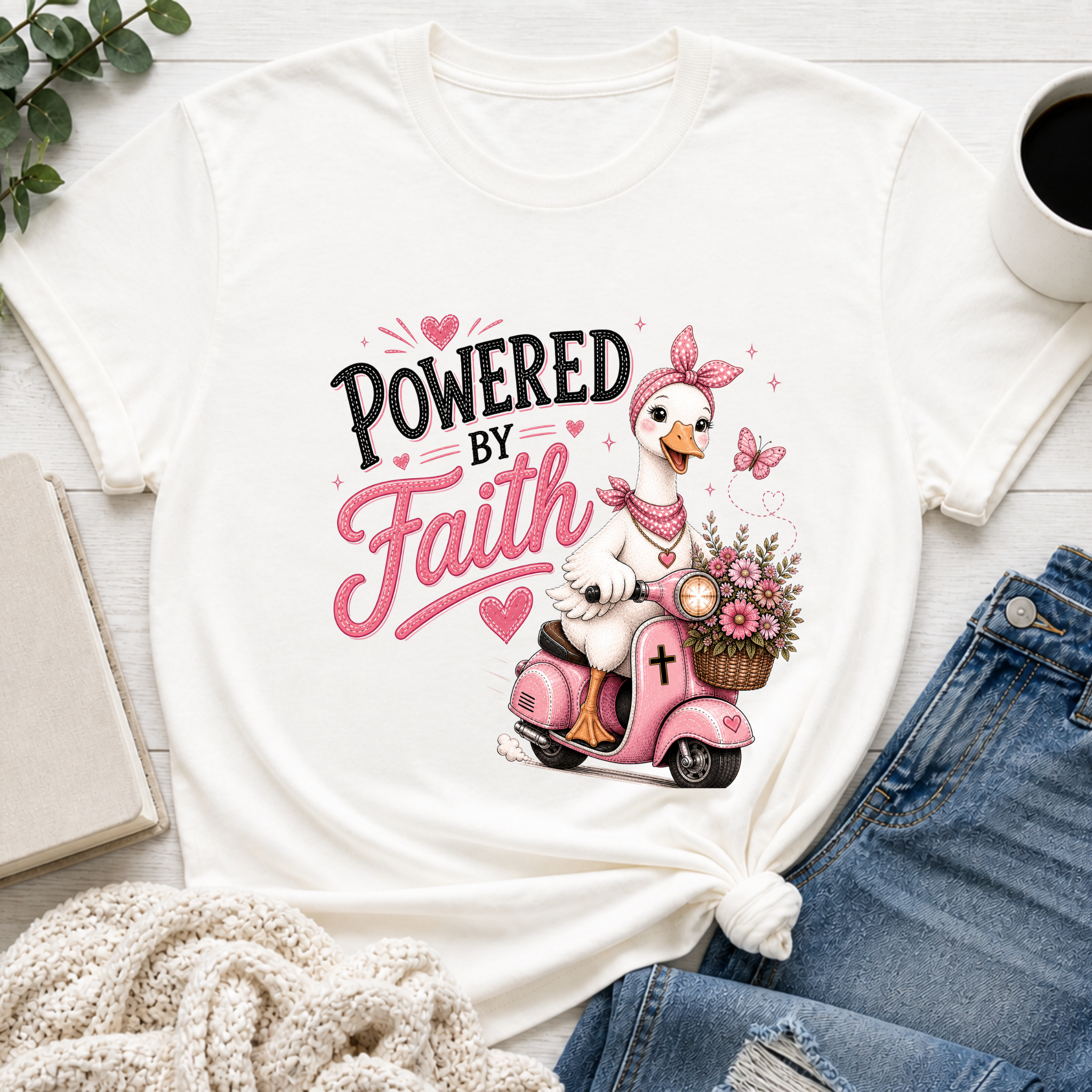 Powered by Faith Goose Shirt for Girls | Christian Youth Tee | Cute Farm Animal Shirt