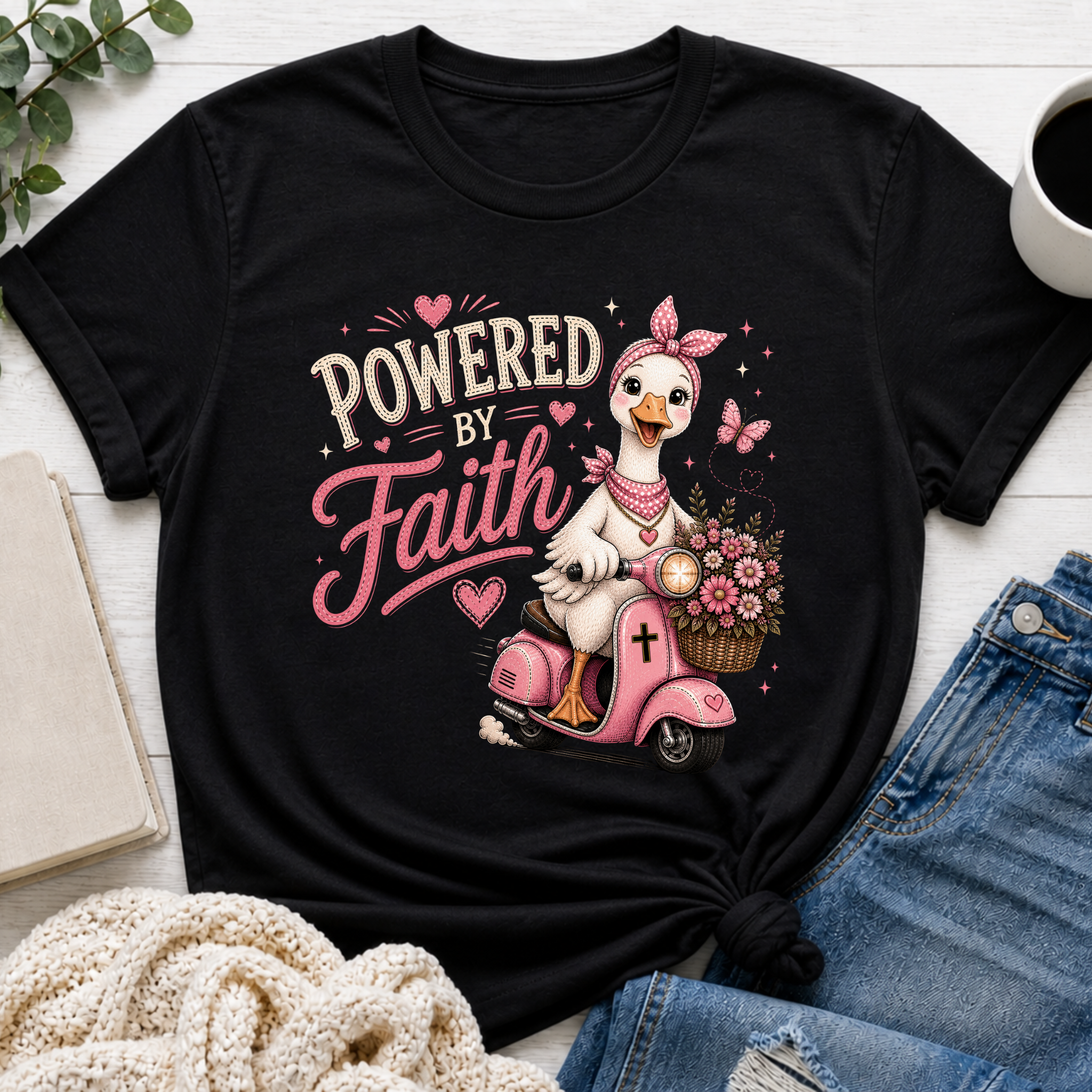 Powered by Faith Goose Shirt for Girls | Christian Youth Tee | Cute Farm Animal Shirt