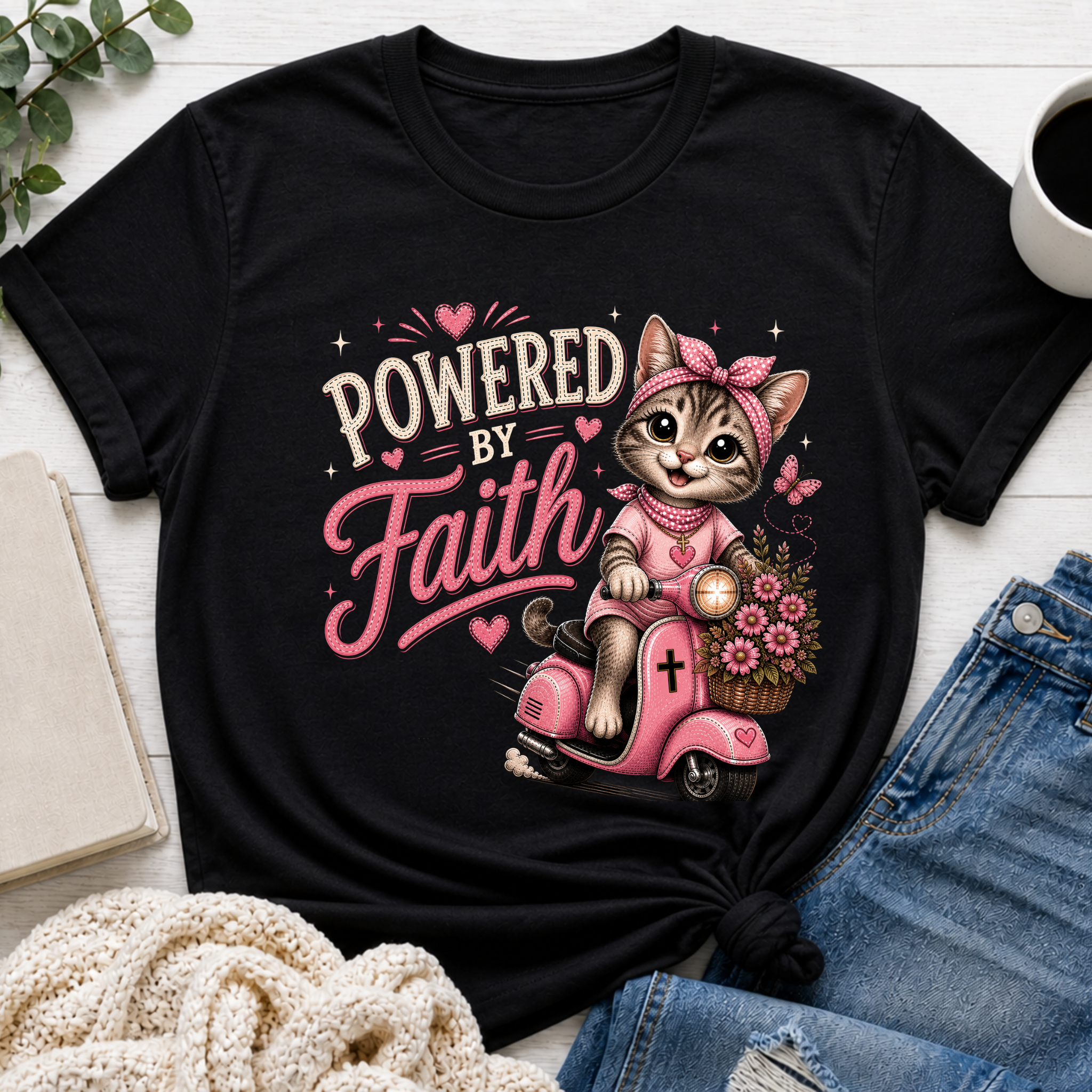 Powered by Faith Cat Shirt for Girls | Christian Youth Tee | Cute Farm Animal Shirt