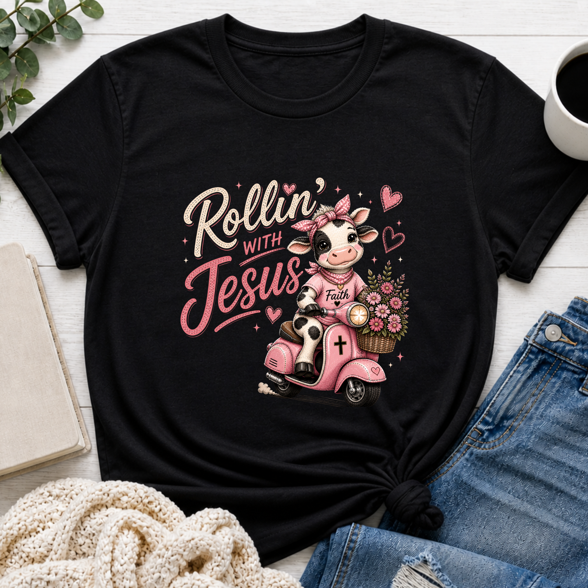 Rollin' with Jesus Cow Shirt for Girls | Christian Youth Tee | Cute Farm Animal Shirt