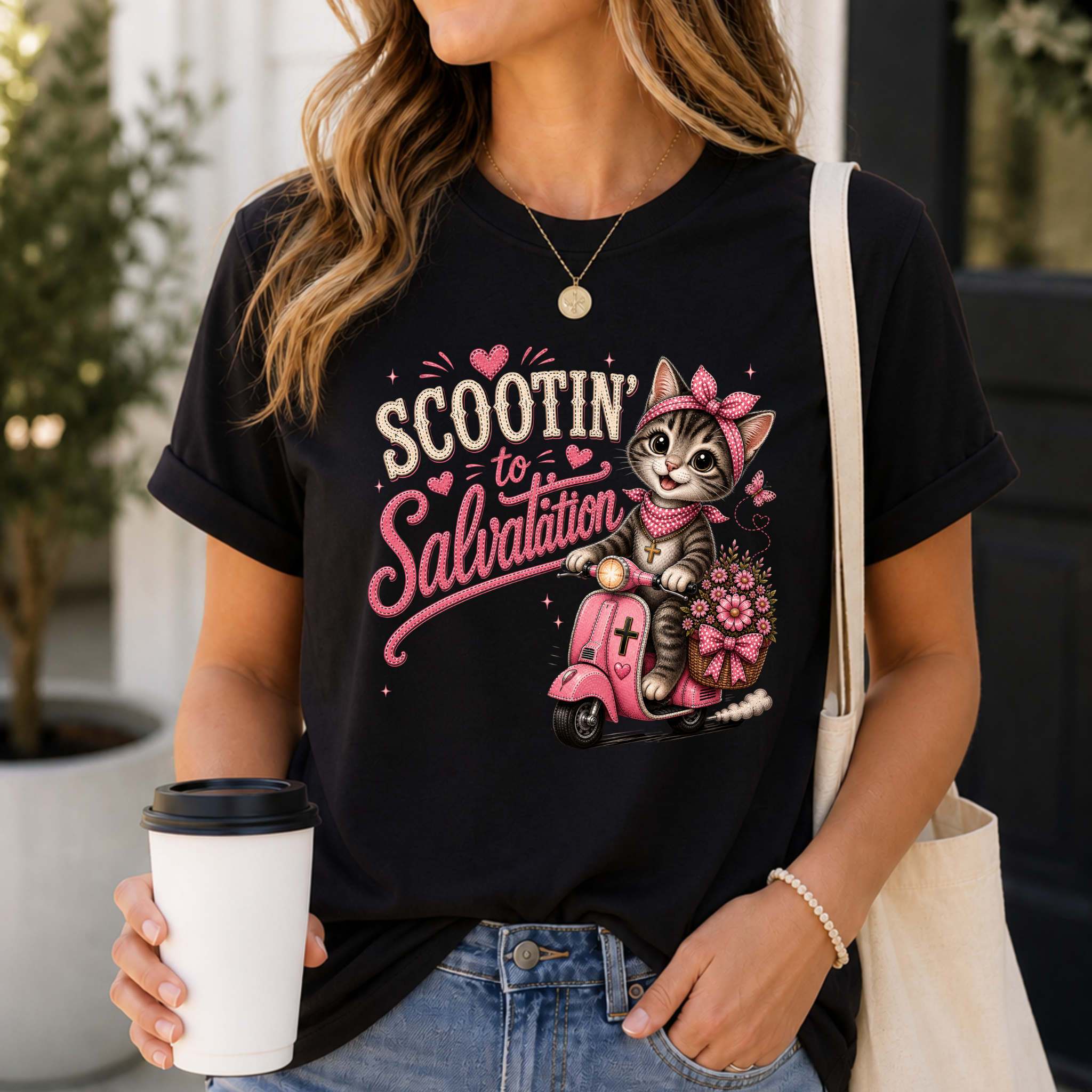 Scootin' to Salvation Cat Shirt for Women | Cute Christian Boutique Tee