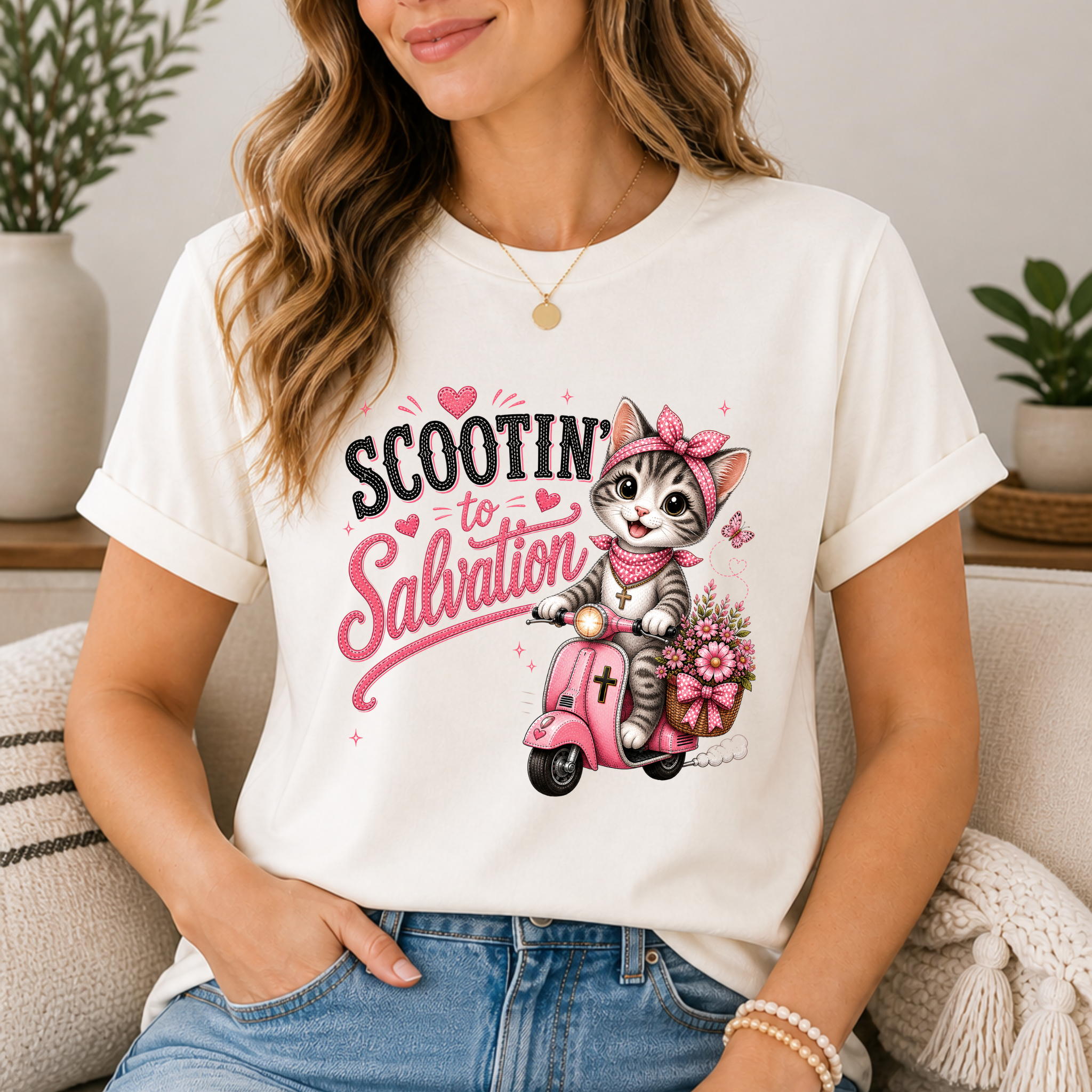 Scootin' to Salvation Cat Shirt for Women | Cute Christian Boutique Tee